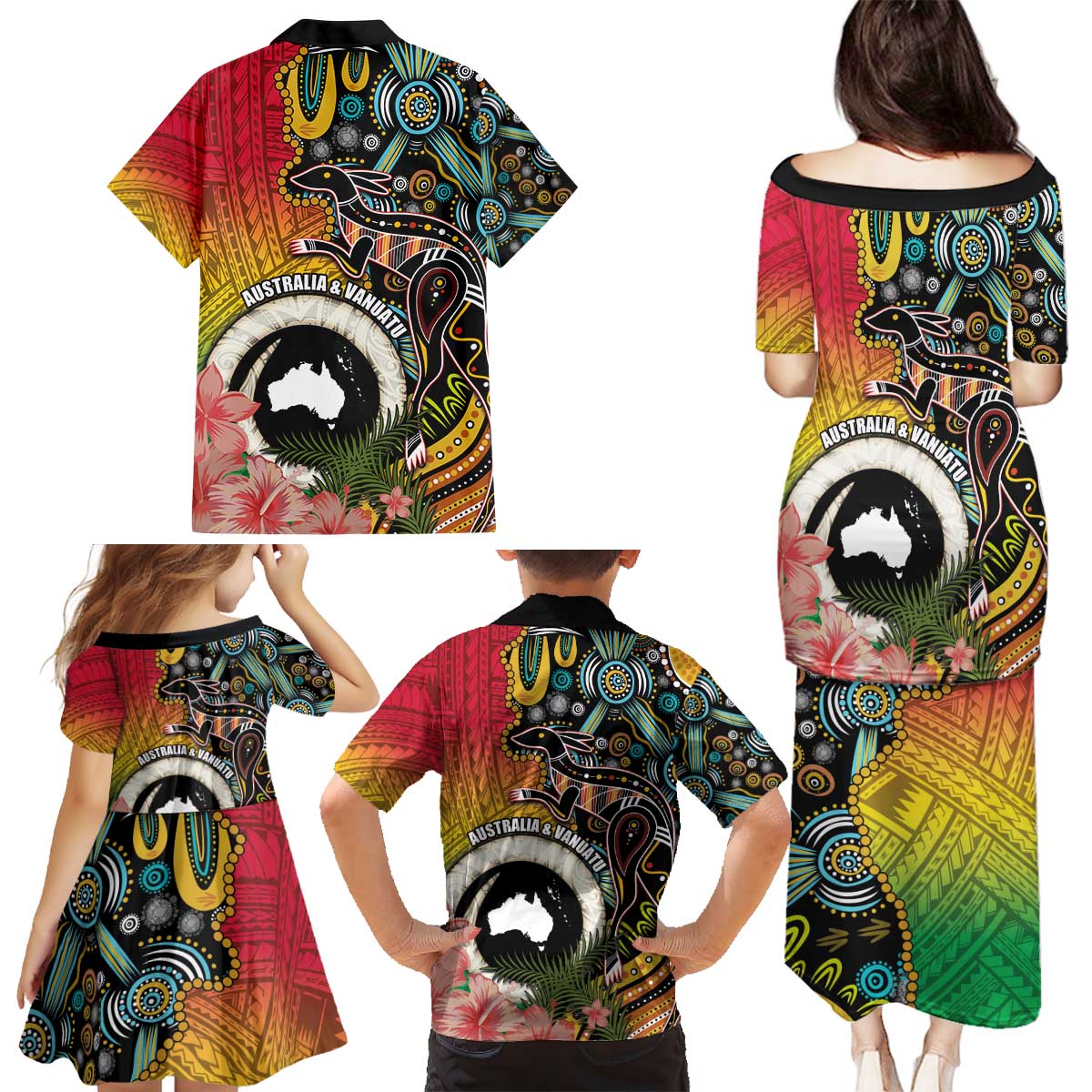 Vanuatu and Australia Together Family Matching Puletasi and Hawaiian Shirt Kangaroo with Pig Tusk Indigenous Pattern LT03 - Polynesian Pride