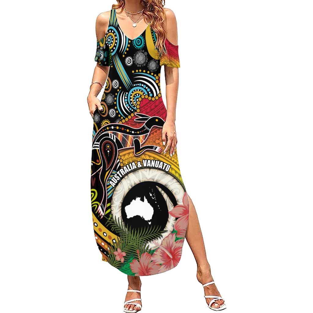 Vanuatu and Australia Together Family Matching Summer Maxi Dress and Hawaiian Shirt Kangaroo with Pig Tusk Indigenous Pattern LT03 Mom's Dress Black - Polynesian Pride