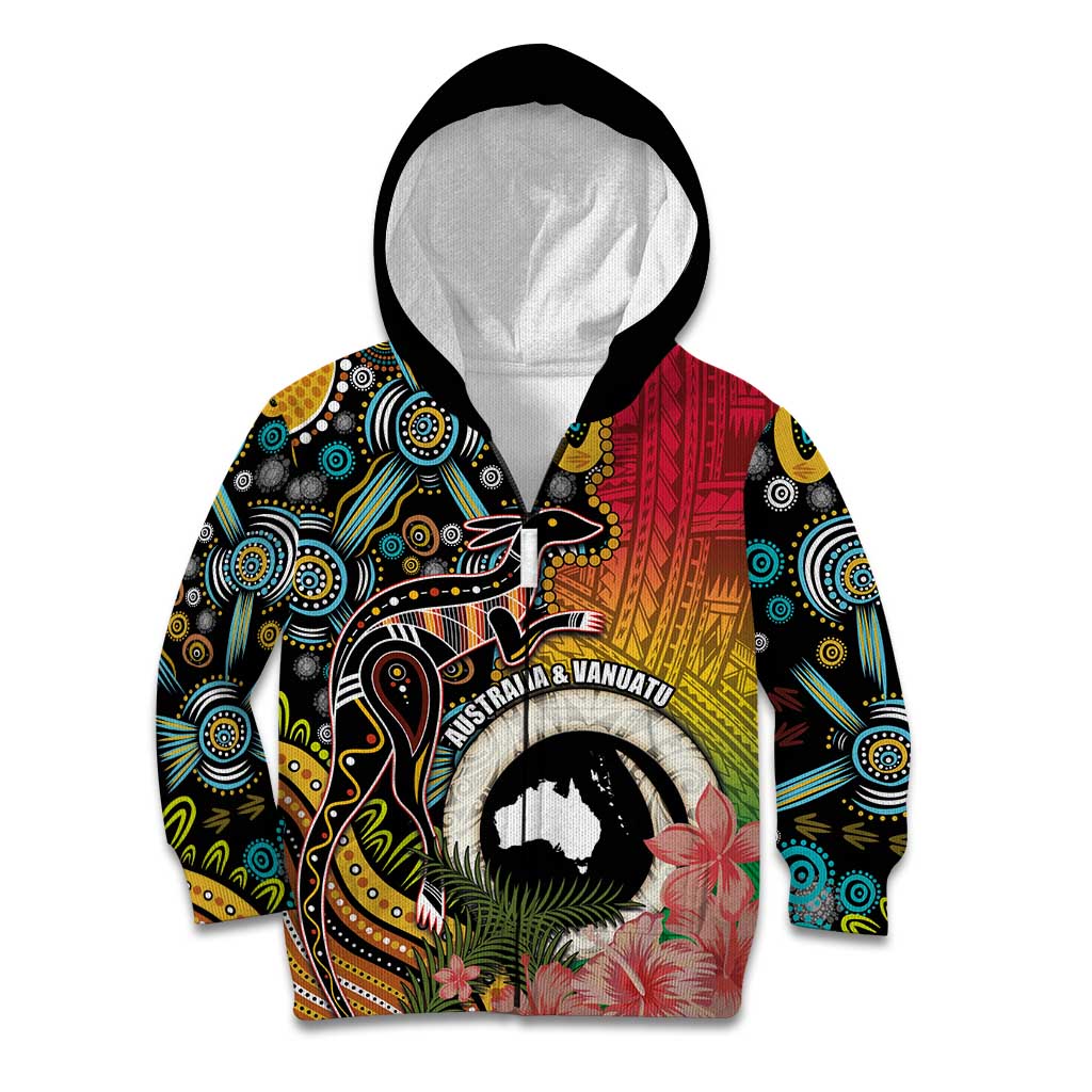 Vanuatu and Australia Together Kid Hoodie Kangaroo with Pig Tusk Indigenous Pattern