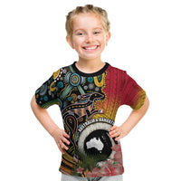 Vanuatu and Australia Together Kid T Shirt Kangaroo with Pig Tusk Indigenous Pattern LT03 Black - Polynesian Pride