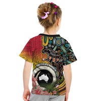 Vanuatu and Australia Together Kid T Shirt Kangaroo with Pig Tusk Indigenous Pattern LT03 - Polynesian Pride