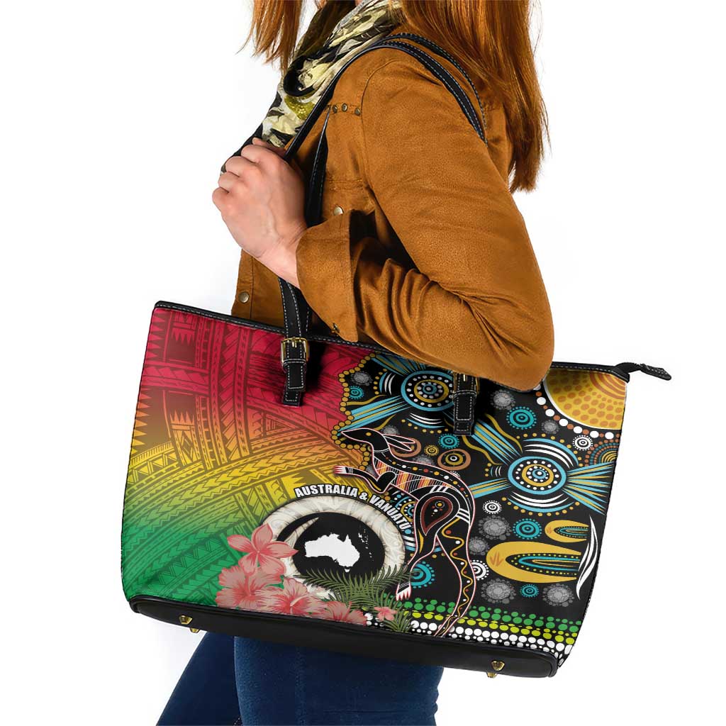 Vanuatu and Australia Together Leather Tote Bag Kangaroo with Pig Tusk Indigenous Pattern LT03 Black - Polynesian Pride