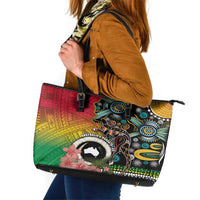 Vanuatu and Australia Together Leather Tote Bag Kangaroo with Pig Tusk Indigenous Pattern LT03 Black - Polynesian Pride