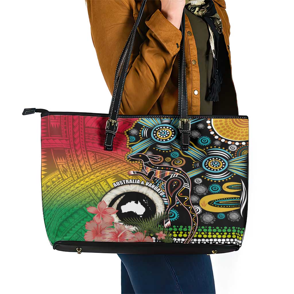 Vanuatu and Australia Together Leather Tote Bag Kangaroo with Pig Tusk Indigenous Pattern LT03 - Polynesian Pride