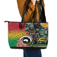 Vanuatu and Australia Together Leather Tote Bag Kangaroo with Pig Tusk Indigenous Pattern LT03 - Polynesian Pride