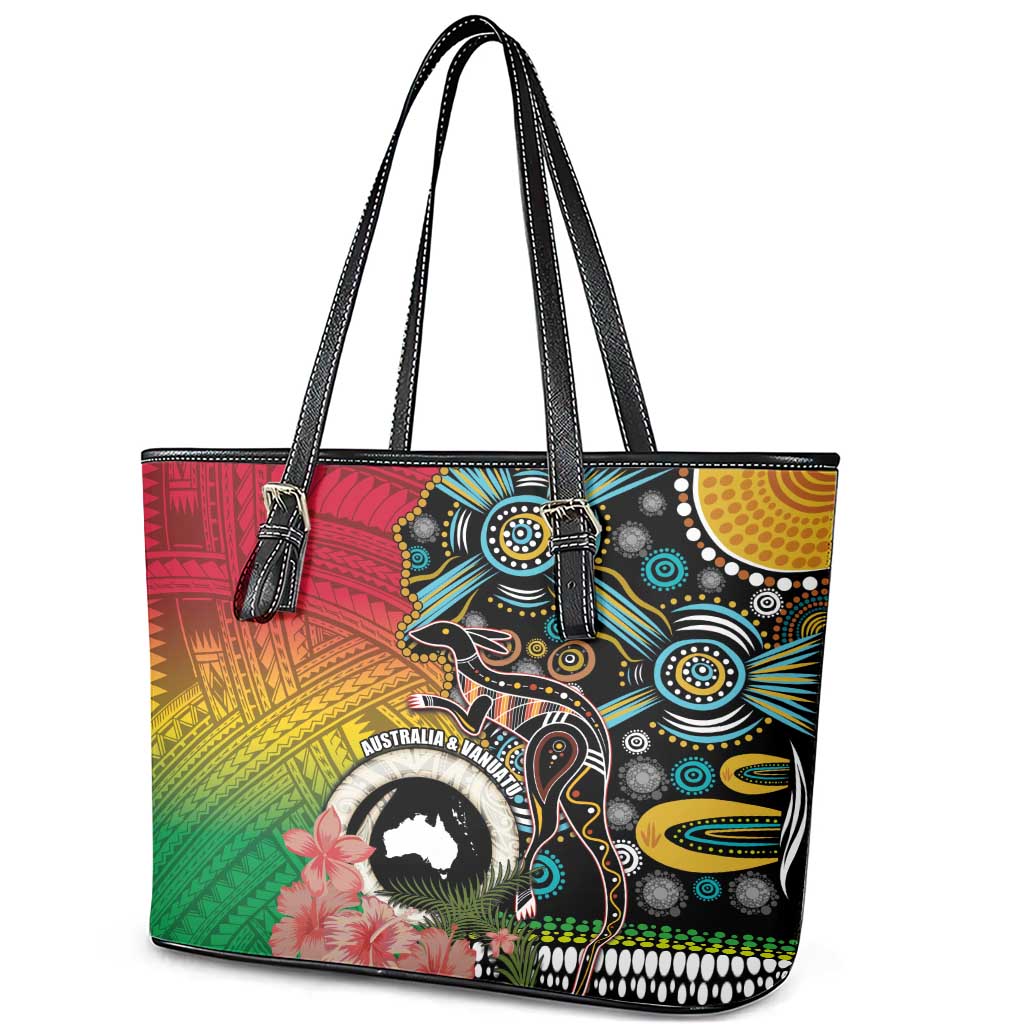 Vanuatu and Australia Together Leather Tote Bag Kangaroo with Pig Tusk Indigenous Pattern LT03 - Polynesian Pride