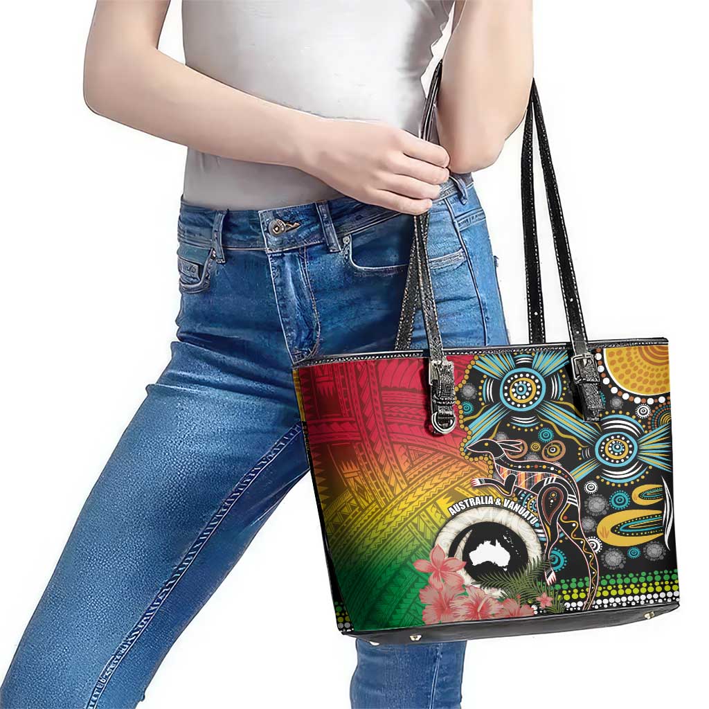 Vanuatu and Australia Together Leather Tote Bag Kangaroo with Pig Tusk Indigenous Pattern LT03 - Polynesian Pride