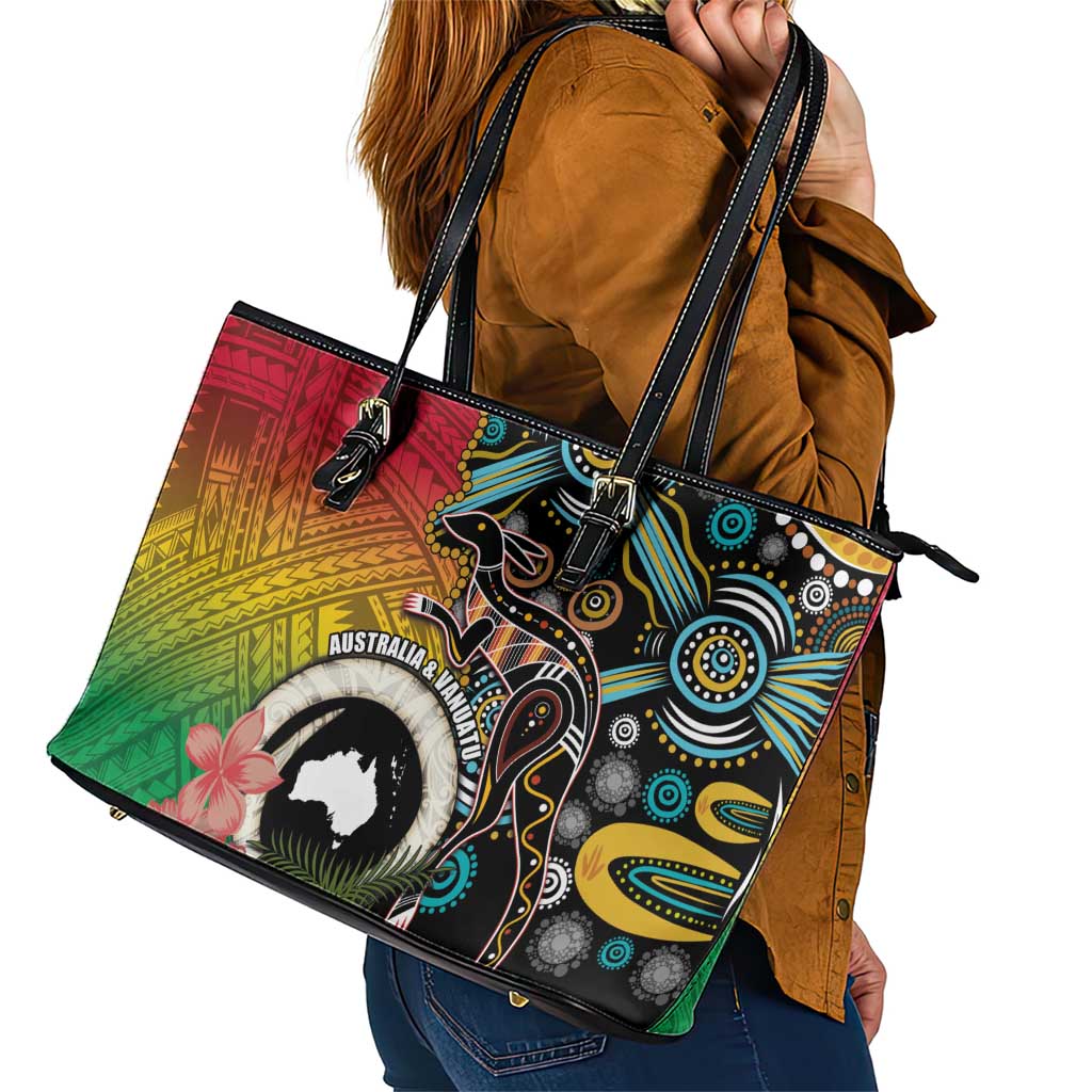 Vanuatu and Australia Together Leather Tote Bag Kangaroo with Pig Tusk Indigenous Pattern LT03 - Polynesian Pride