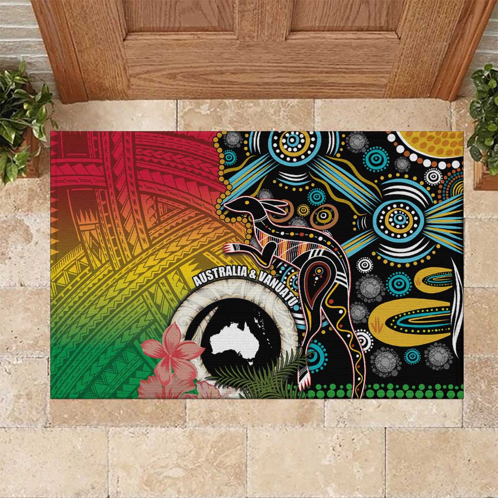 Vanuatu and Australia Together Rubber Doormat Kangaroo with Pig Tusk Indigenous Pattern LT03 Black - Polynesian Pride