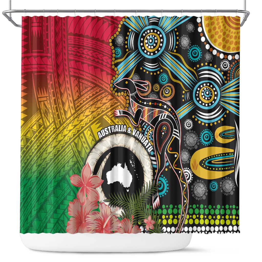 Vanuatu and Australia Together Shower Curtain Kangaroo with Pig Tusk Indigenous Pattern LT03 Black - Polynesian Pride