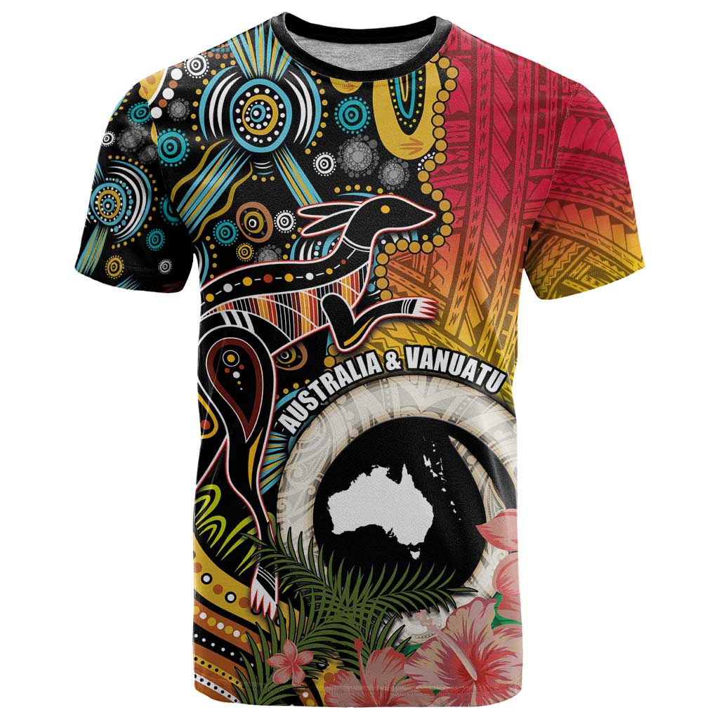 Vanuatu and Australia Together T Shirt Kangaroo with Pig Tusk Indigenous Pattern LT03 Black - Polynesian Pride