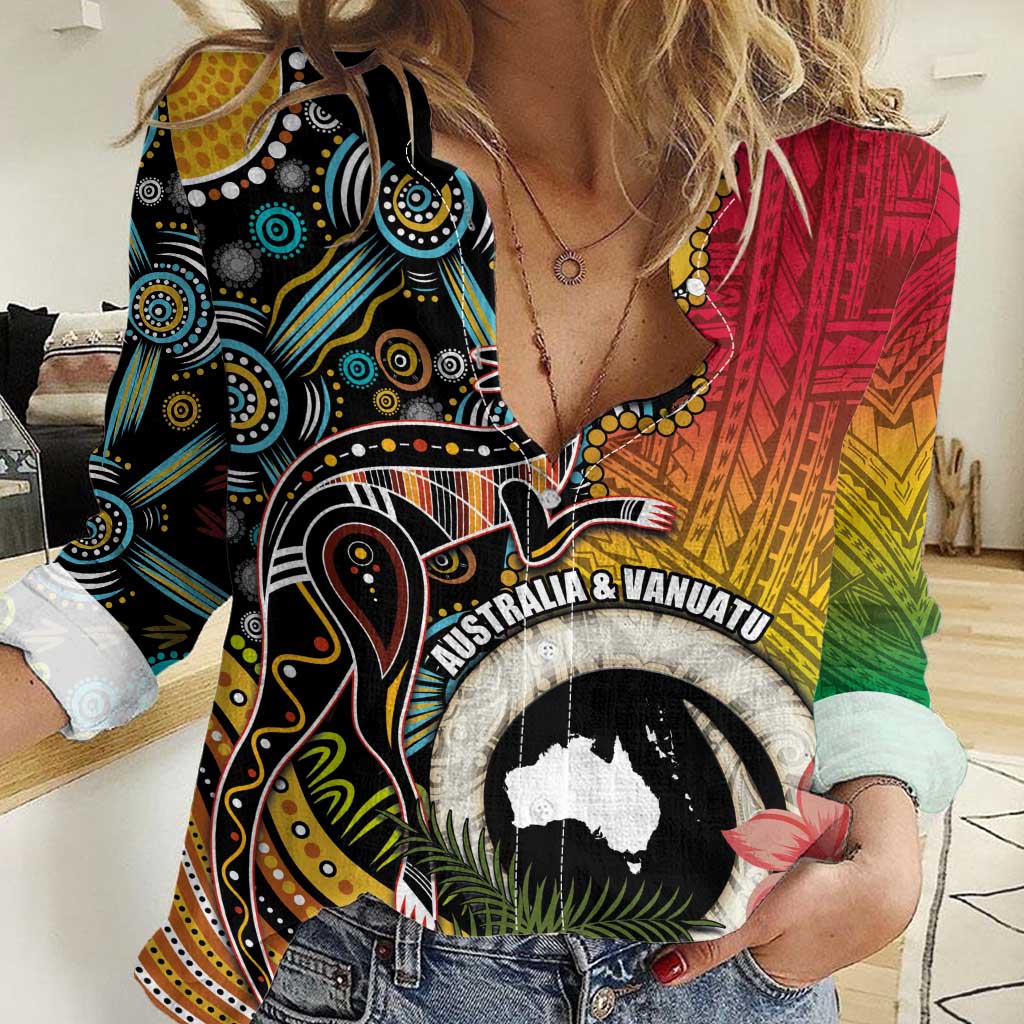 Vanuatu and Australia Together Women Casual Shirt Kangaroo with Pig Tusk Indigenous Pattern LT03 Female Black - Polynesian Pride