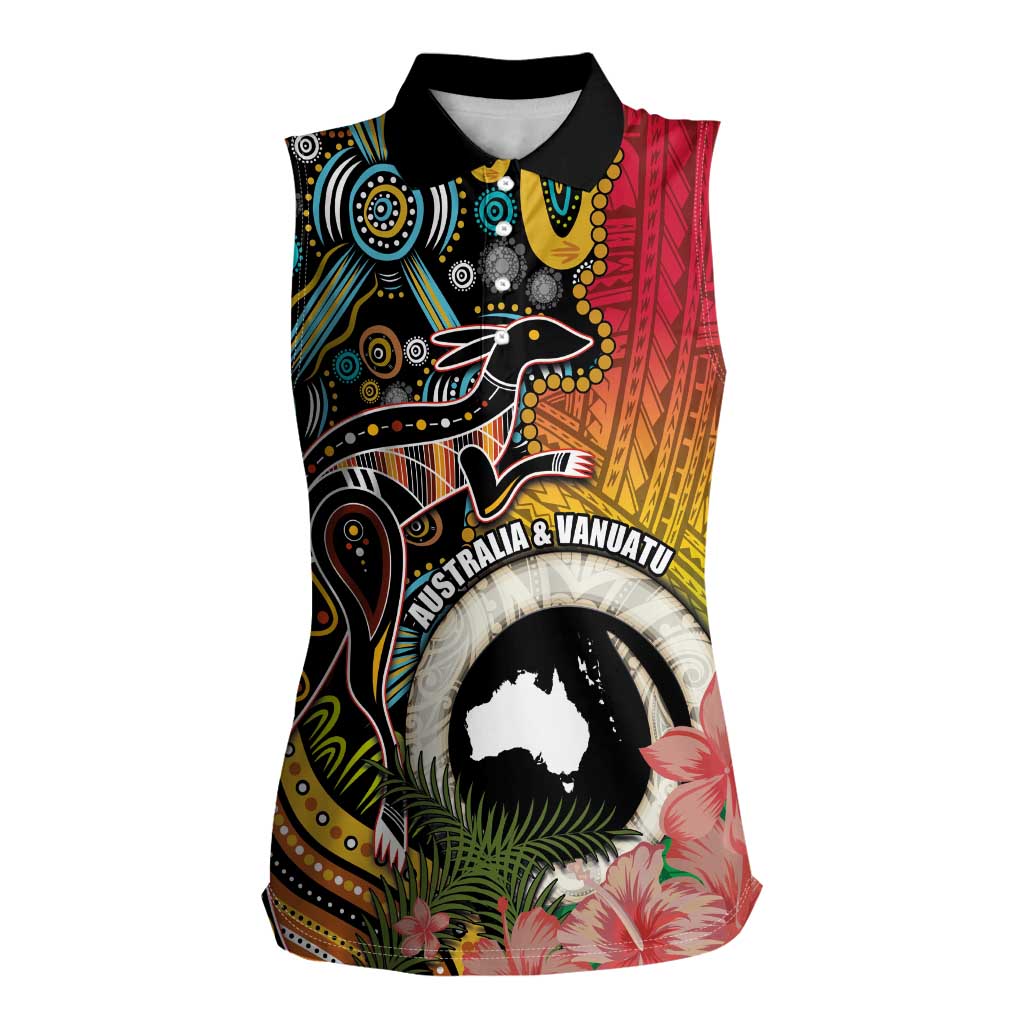 Vanuatu and Australia Together Women Sleeveless Polo Shirt Kangaroo with Pig Tusk Indigenous Pattern