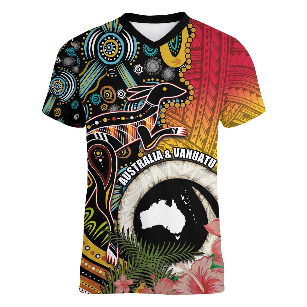 Vanuatu and Australia Together Women V-Neck T-Shirt Kangaroo with Pig Tusk Indigenous Pattern LT03 Female Black - Polynesian Pride