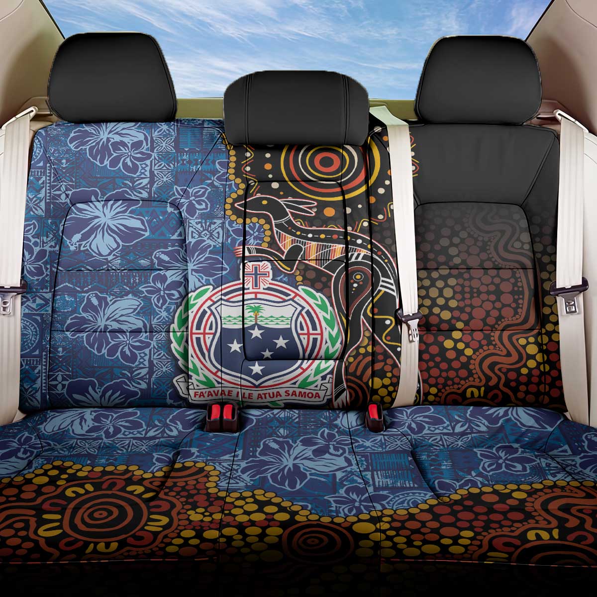 Samoa and Australia Together Back Car Seat Cover Kangaroo and Tribal Hibiscus Aboriginal Pattern