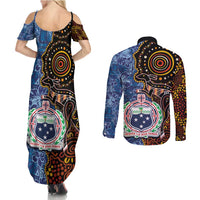 Samoa and Australia Together Couples Matching Summer Maxi Dress and Long Sleeve Button Shirt Kangaroo and Tribal Hibiscus Aboriginal Pattern