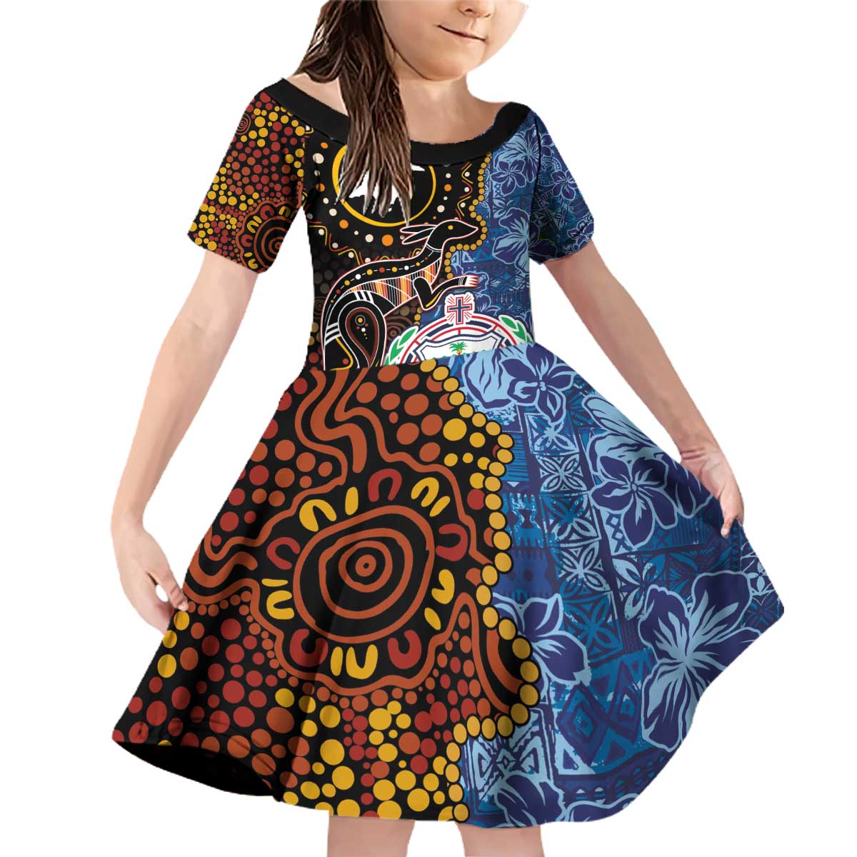 Samoa and Australia Together Family Matching Off Shoulder Short Dress and Hawaiian Shirt Kangaroo and Tribal Hibiscus Aboriginal Pattern