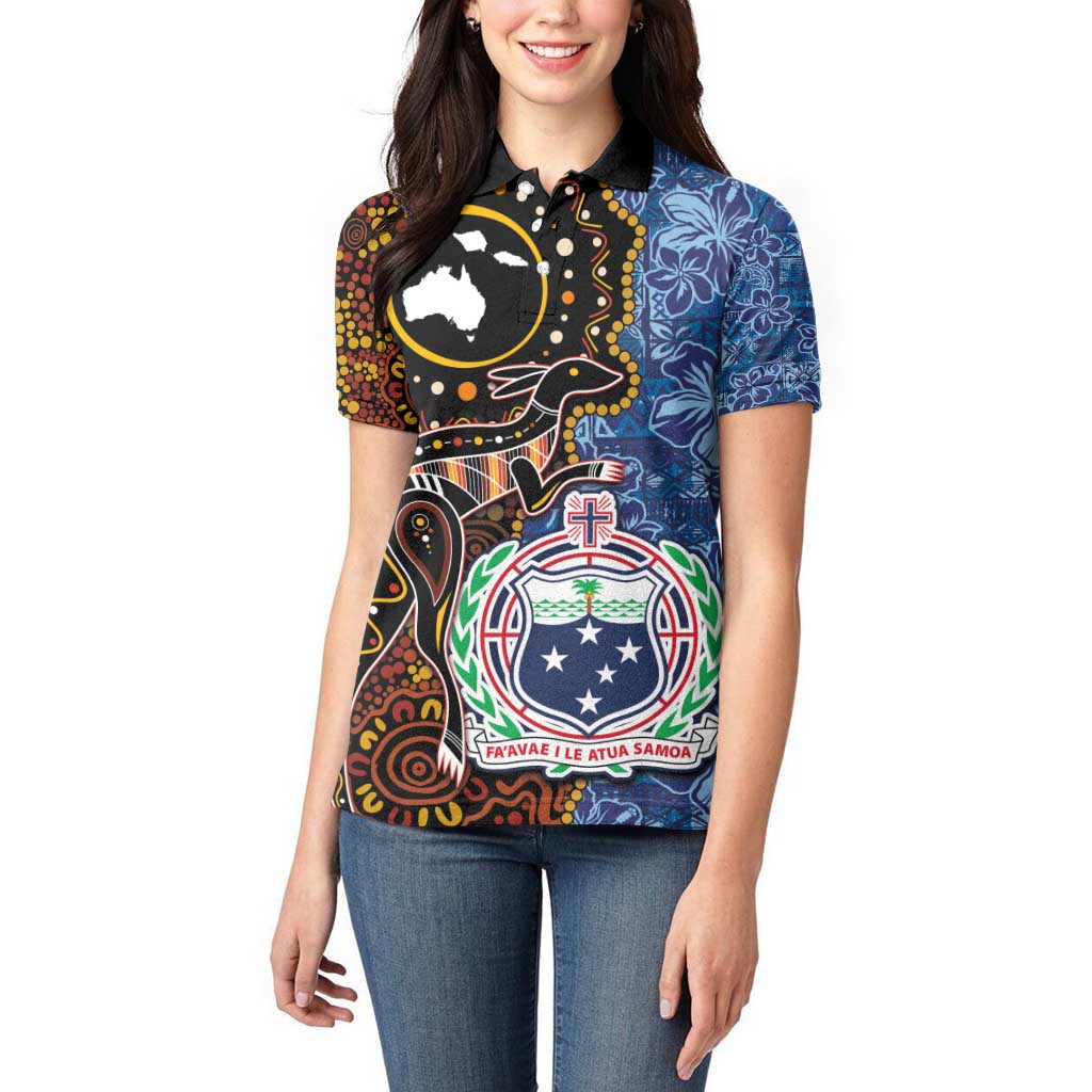 Samoa and Australia Together Women Polo Shirt Kangaroo and Tribal Hibiscus Aboriginal Pattern