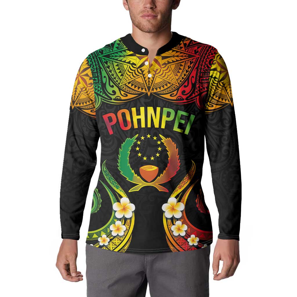 Personalised Pohnpei Independence Day Button Sweatshirt Polynesian Tattoo and Plumeria Reggae Color