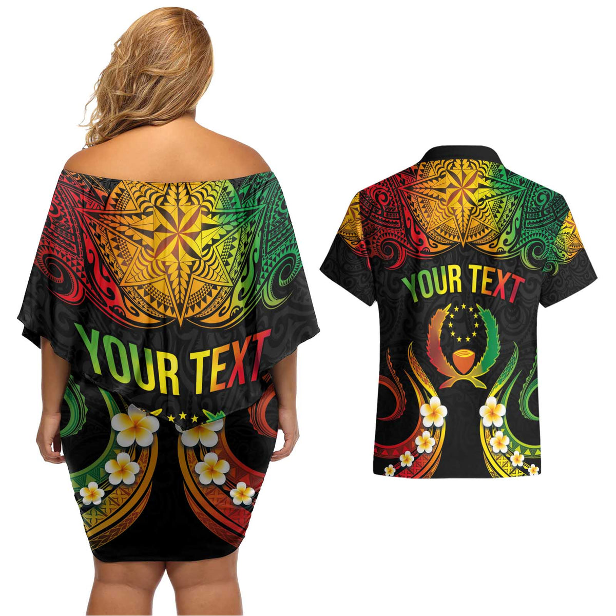 Personalised Pohnpei Independence Day Couples Matching Off Shoulder Short Dress and Hawaiian Shirt Polynesian Tattoo and Plumeria Reggae Color