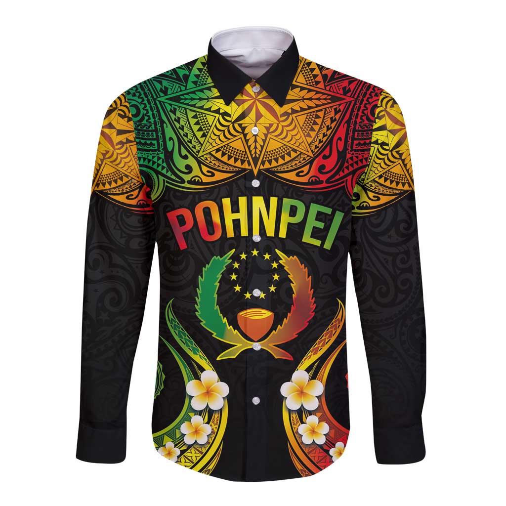 Personalised Pohnpei Independence Day Long Sleeve Button Shirt Polynesian Tattoo and Plumeria Reggae Color LT03 Unisex Reggae - Polynesian Pride