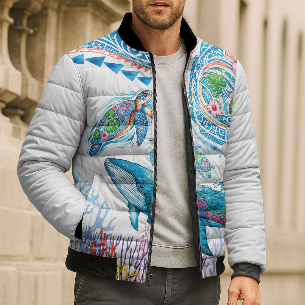Hawaiian Turtles and Whales Bomber Puffer Jacket Polynesian Tropical Tattoo Ocean Style LT03 - Polynesian Pride