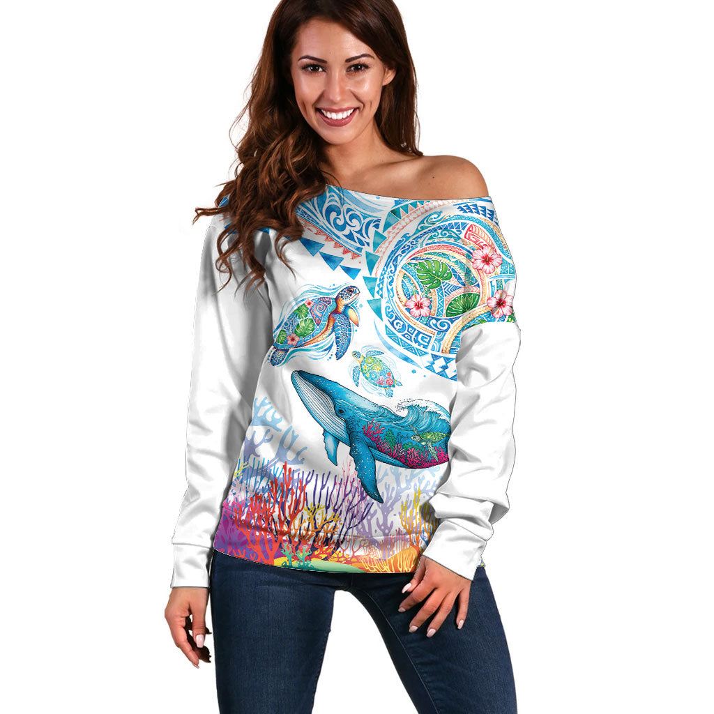 Hawaiian Turtles and Whales Off Shoulder Sweater Polynesian Tropical Tattoo Ocean Style LT03 Women Multicolor - Polynesian Pride