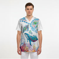 Hawaiian Turtles and Whales Scrub Top Polynesian Tropical Tattoo Ocean Style LT03 - Polynesian Pride