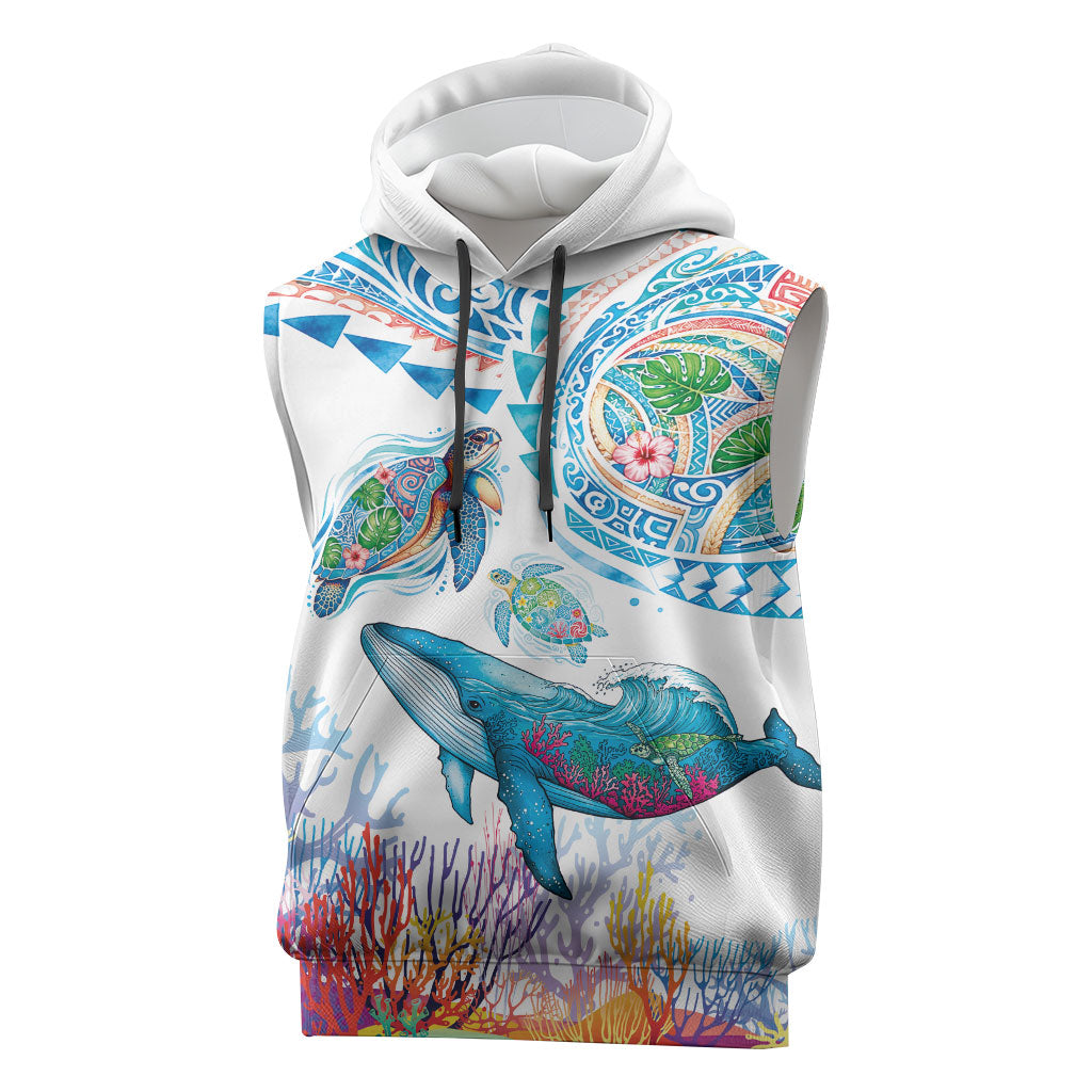 Hawaiian Turtles and Whales Sleeveless Hoodie Polynesian Tropical Tattoo Ocean Style