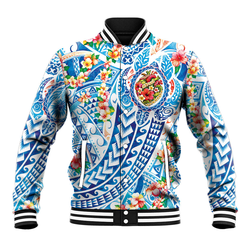 Hawaiian Turtle and Lei Baseball Jacket Tribal Kakau and Tropical Plants Human Heart