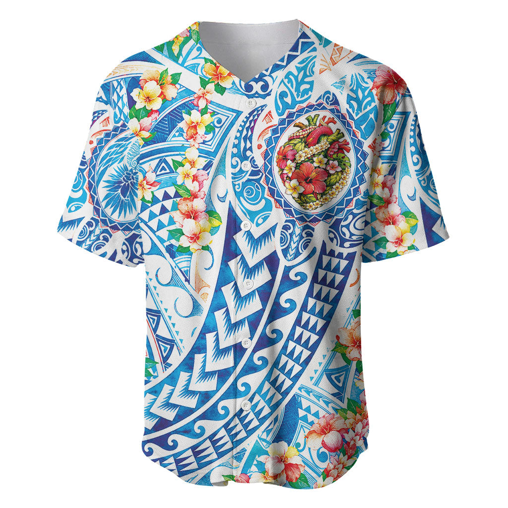 Hawaiian Turtle and Lei Baseball Jersey Tribal Kakau and Tropical Plants Human Heart