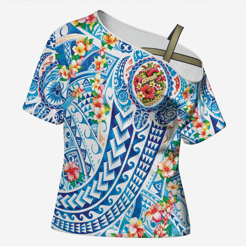 Hawaiian Turtle and Lei Cross Shoulder Shirt Tribal Kakau and Tropical Plants Human Heart LT03 Female Multicolor - Polynesian Pride