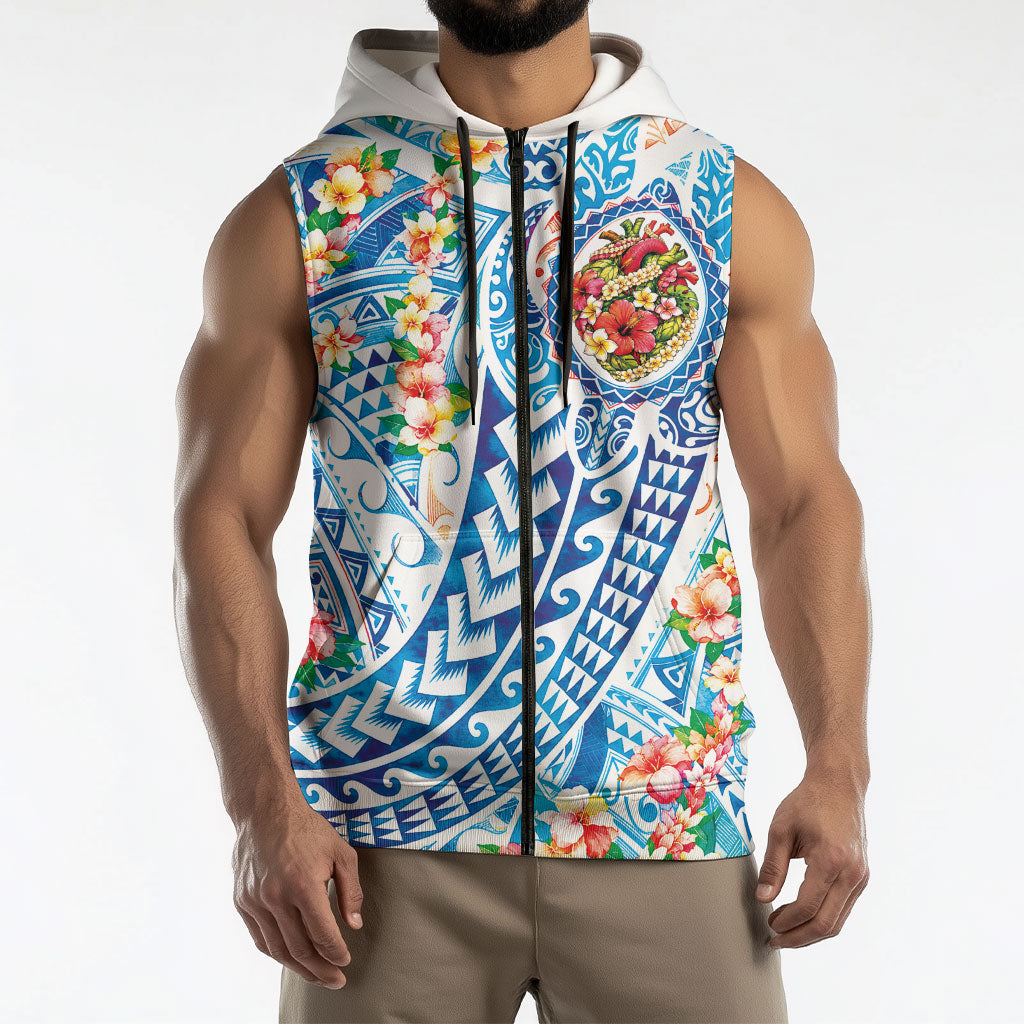 Hawaiian Turtle and Lei Sleeveless Zip Hoodie Tribal Kakau and Tropical Plants Human Heart LT03 - Polynesian Pride