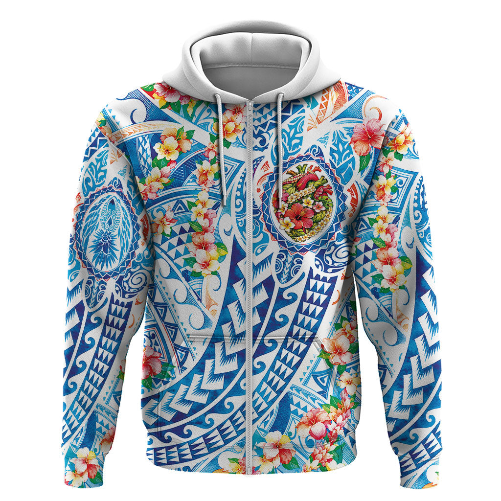 Hawaiian Turtle and Lei Zip Hoodie Tribal Kakau and Tropical Plants Human Heart