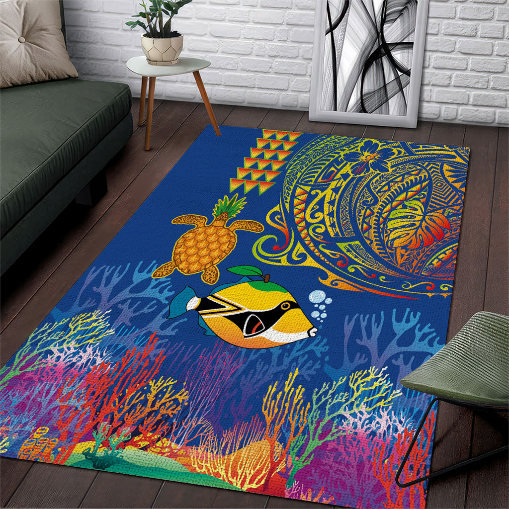 Hawaii Ocean Area Rug Pineapple Turtle and Mango Reef Triggerfish and Kakau Tattoo