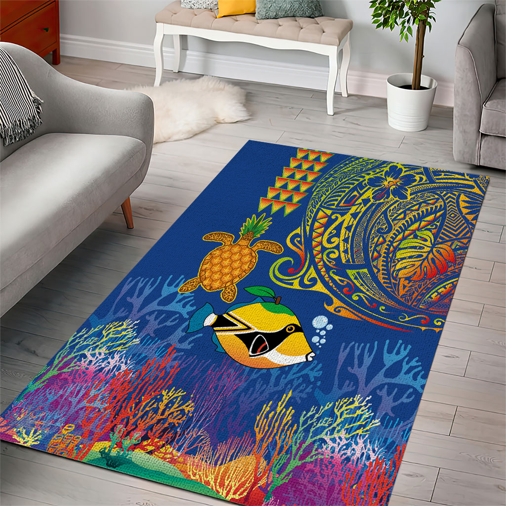 Hawaii Ocean Area Rug Pineapple Turtle and Mango Reef Triggerfish and Kakau Tattoo