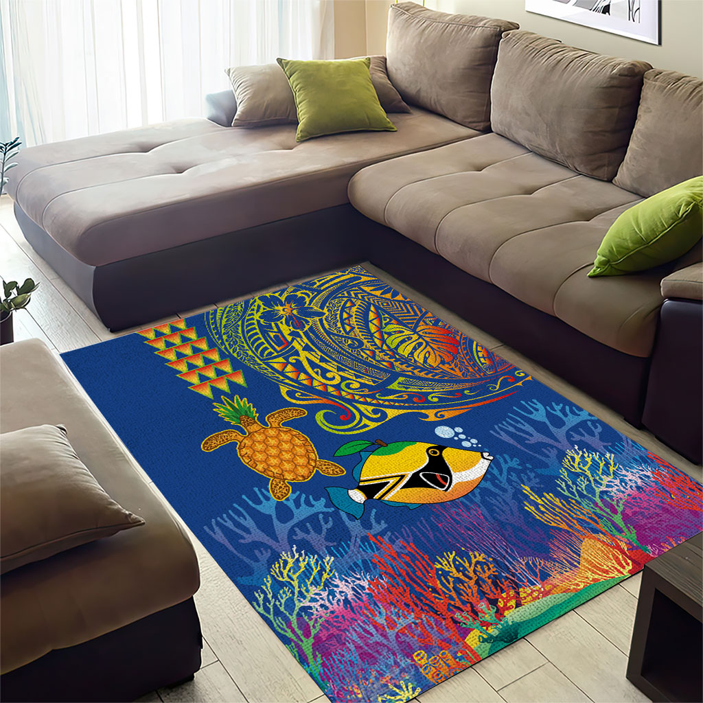 Hawaii Ocean Area Rug Pineapple Turtle and Mango Reef Triggerfish and Kakau Tattoo