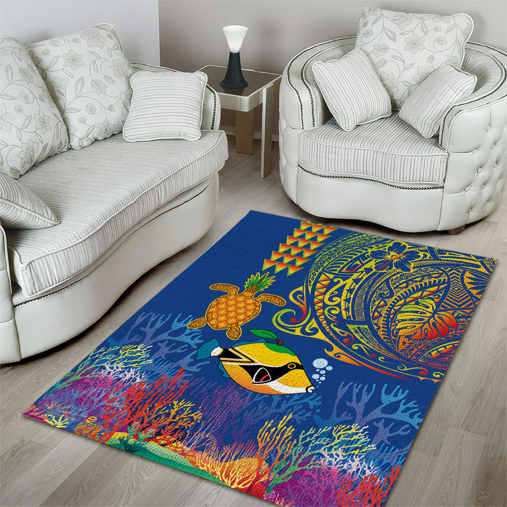 Hawaii Ocean Area Rug Pineapple Turtle and Mango Reef Triggerfish and Kakau Tattoo