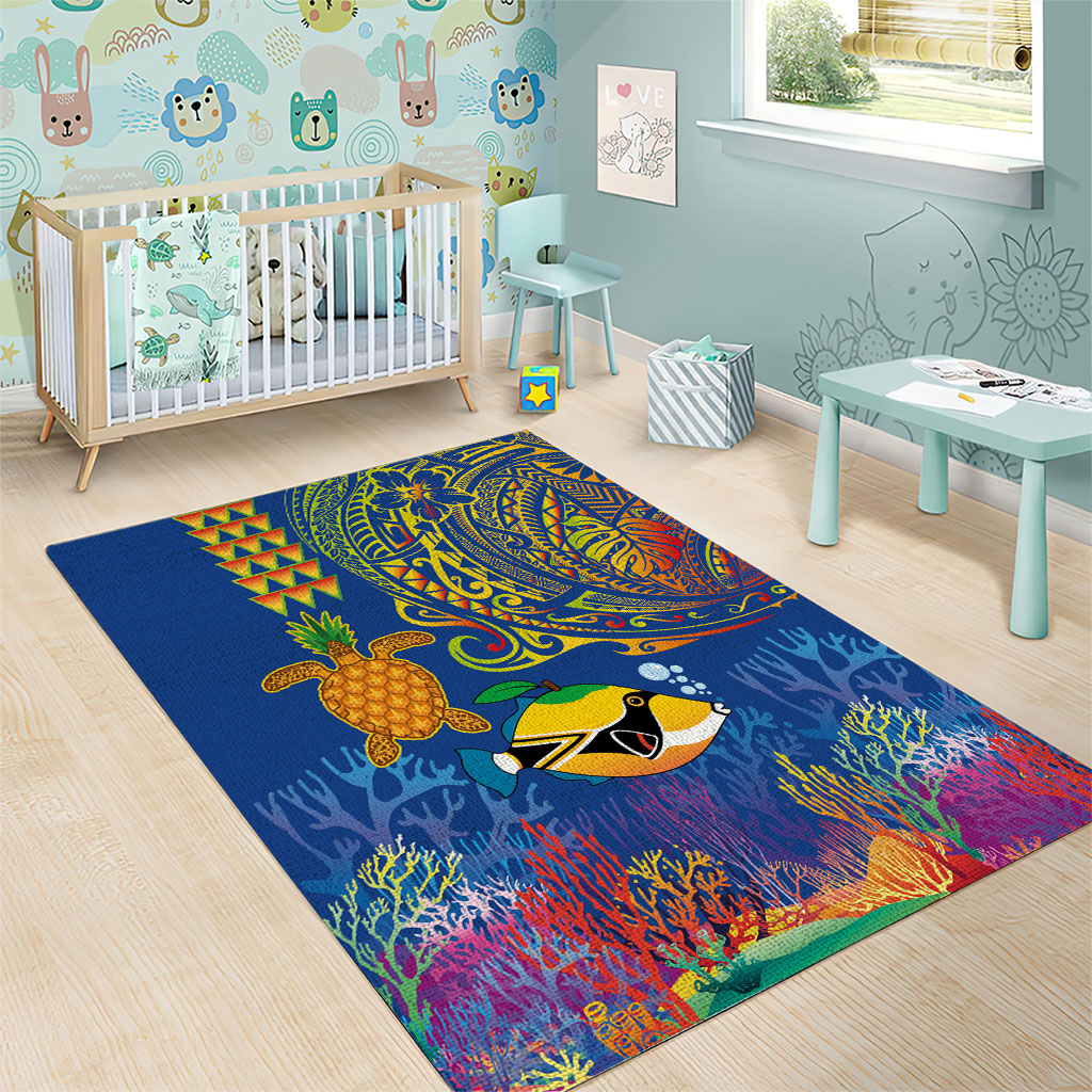Hawaii Ocean Area Rug Pineapple Turtle and Mango Reef Triggerfish and Kakau Tattoo
