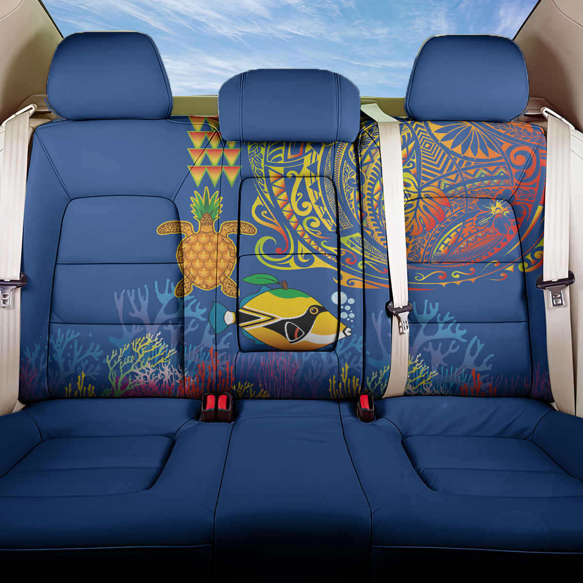 Hawaii Ocean Back Car Seat Cover Pineapple Turtle and Mango Reef Triggerfish and Kakau Tattoo