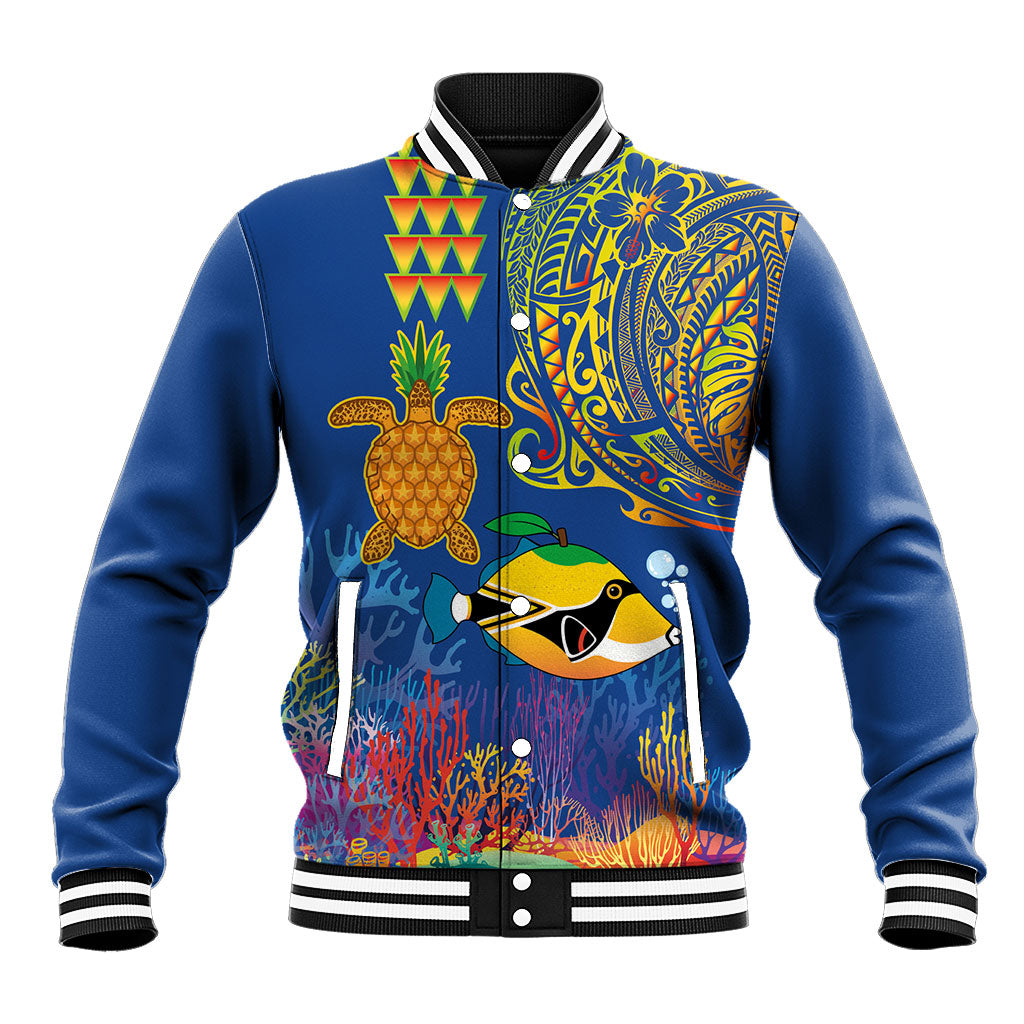 Hawaii Ocean Baseball Jacket Pineapple Turtle and Mango Reef Triggerfish and Kakau Tattoo
