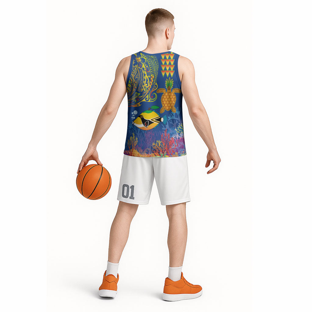 Hawaii Ocean Basketball Jersey Pineapple Turtle and Mango Reef Triggerfish and Kakau Tattoo LT03 - Polynesian Pride