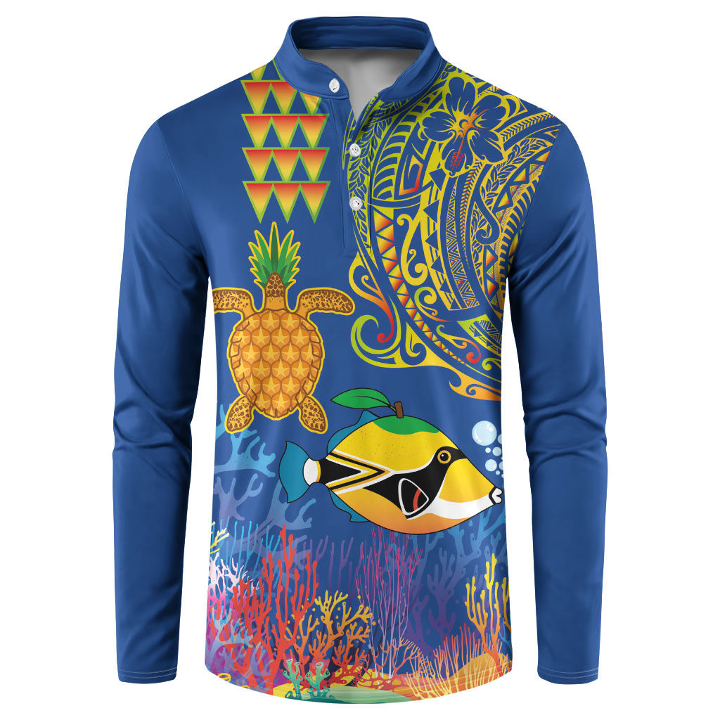 Hawaii Ocean Button Sweatshirt Pineapple Turtle and Mango Reef Triggerfish and Kakau Tattoo