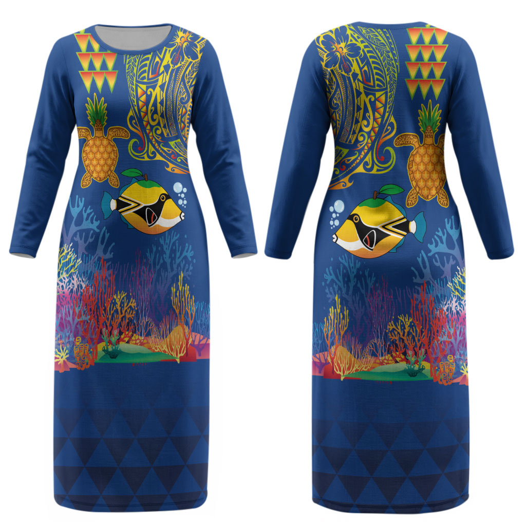 Hawaii Ocean Couples Matching Long Sleeve Bodycon Dress and Long Sleeve Button Shirt Pineapple Turtle and Mango Reef Triggerfish and Kakau Tattoo LT03 - Polynesian Pride