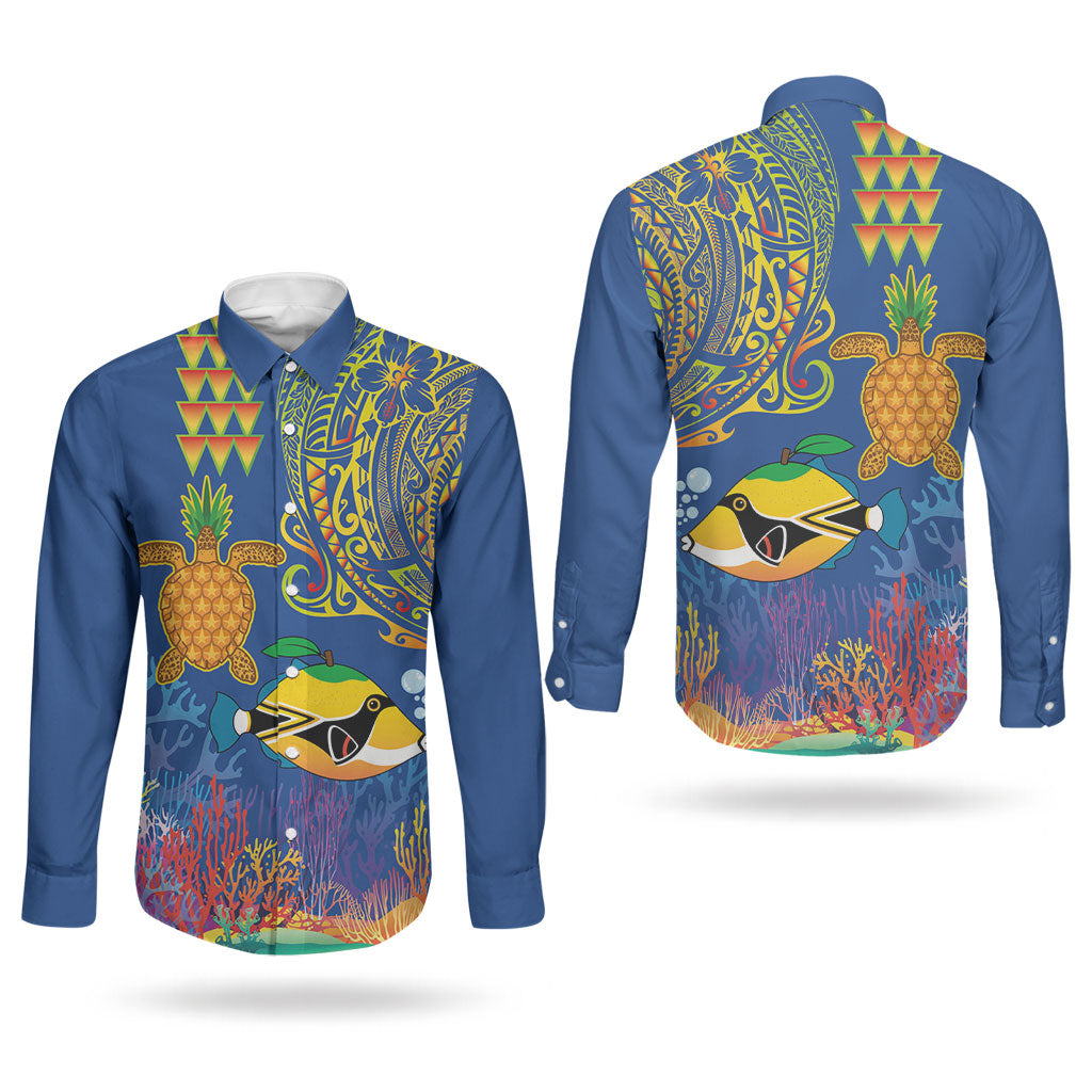 Hawaii Ocean Couples Matching Mermaid Dress and Long Sleeve Button Shirt Pineapple Turtle and Mango Reef Triggerfish and Kakau Tattoo LT03 - Polynesian Pride