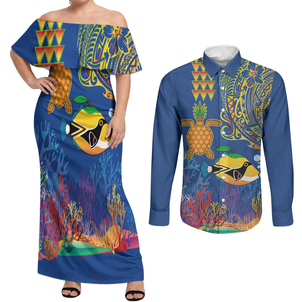 Hawaii Ocean Couples Matching Off Shoulder Maxi Dress and Long Sleeve Button Shirt Pineapple Turtle and Mango Reef Triggerfish and Kakau Tattoo