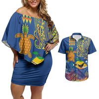 Hawaii Ocean Couples Matching Off Shoulder Short Dress and Hawaiian Shirt Pineapple Turtle and Mango Reef Triggerfish and Kakau Tattoo LT03 Multicolor - Polynesian Pride