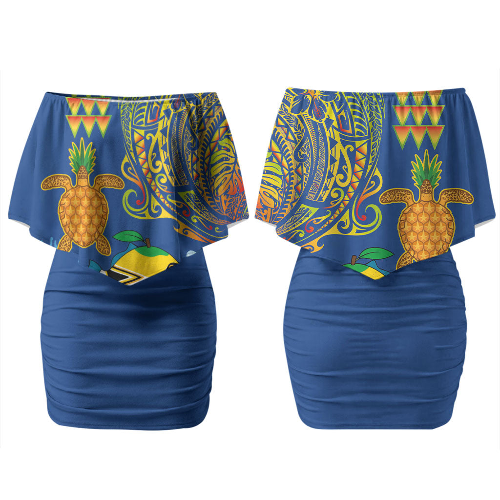 Hawaii Ocean Couples Matching Off Shoulder Short Dress and Hawaiian Shirt Pineapple Turtle and Mango Reef Triggerfish and Kakau Tattoo LT03 - Polynesian Pride