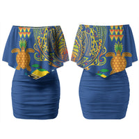 Hawaii Ocean Couples Matching Off Shoulder Short Dress and Hawaiian Shirt Pineapple Turtle and Mango Reef Triggerfish and Kakau Tattoo LT03 - Polynesian Pride