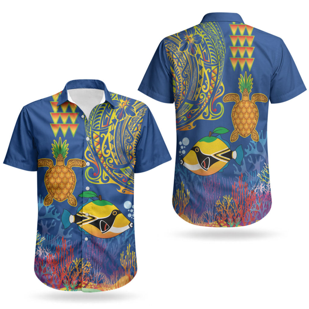 Hawaii Ocean Couples Matching Off Shoulder Short Dress and Hawaiian Shirt Pineapple Turtle and Mango Reef Triggerfish and Kakau Tattoo LT03 - Polynesian Pride